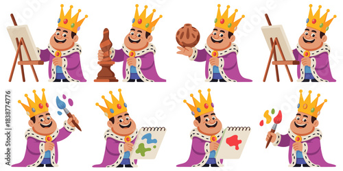 Smiling regal king monarch in a purple robe with a gold crown doing creative hobbies, including painting on an easel, drawing sketches, holding a paintbrush, and playing strategic chess, vector illust