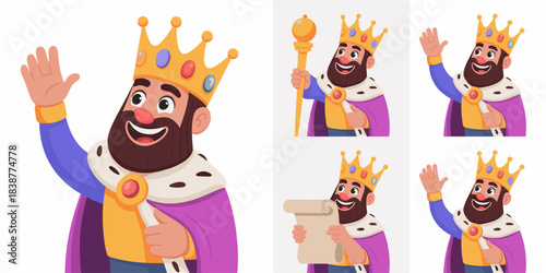 Jovial cartoon king character set wearing a majestic gold crown and purple royal mantle, shown waving, holding a golden scepter, and reading a scroll; smiling medieval ruler mascot illustration for fa