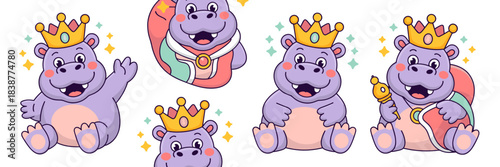 Playful purple hippopotamus character sticker set of a regal king and queen mascot wearing golden crowns, an adorable cartoon illustration bundle for cheerful merchandise, joyful children's design, fa