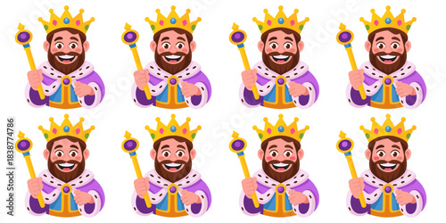 Happy cartoon King, a regal smiling monarch wearing a majestic gold crown and purple ermine royal robe, holding a golden scepter, symbolizing leadership, power, and medieval authority for gaming asset