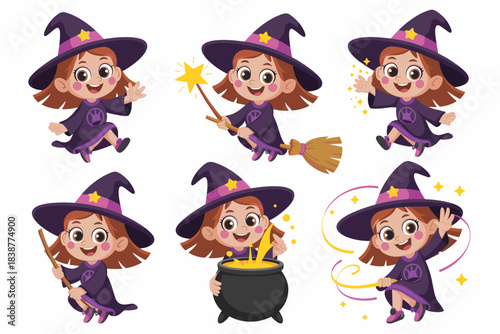 An adorable little cartoon witch girl character collection showing a smiling child flying on a broom, stirring a bubbling black cauldron, and casting magical spells, perfect vector illustration for Ha