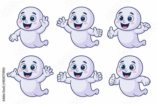 Collection of six adorable kawaii cartoon ghost mascots happily floating and waving, providing positive thumbs up gestures, a fun, friendly spectral phantom character illustration set for cheerful sea