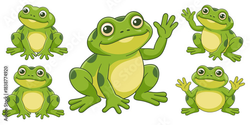 Set of five cheerful cartoon green frog characters posing, featuring a large friendly amphibian mascot waving hello, ideal for children's education, digital graphics, playful nature advertising, websi
