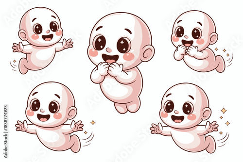 Adorable kawaii baby cartoon characters floating and jumping in a seamless vector illustration collection, embodying pure joy, happiness, and innocent wonder; ideal graphic resource for newborn, prena