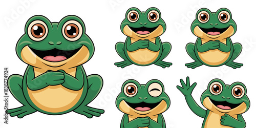 Cheerful green frog cartoon character mascot vector illustration set, showing multiple happy poses including friendly smiling, playful winking, and welcoming waving gestures. This vibrant amphibian gr