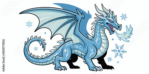 Majestic blue ice dragon breathing chilling frost and snow in a severe winter setting, a fierce mythological creature with sharp horns and fantasy wings, detailed vector illustration design element fo