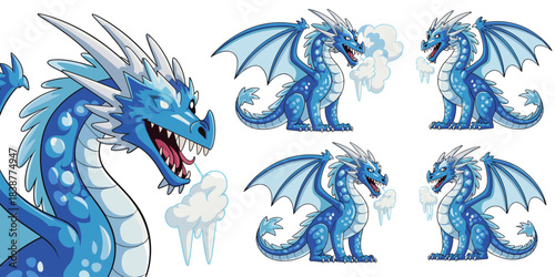 Powerful blue ice dragon character vector illustration set featuring full body poses and fierce headshot, mythical winter beast mascot breathing frost and cold rime for fantasy gaming, strong legendar