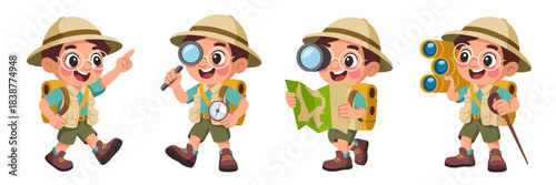 Cheerful young boy explorer character mascot wearing a safari pith helmet, carrying a backpack, and using a map, compass, magnifying glass, and binoculars for a discovery expedition, perfect vector il