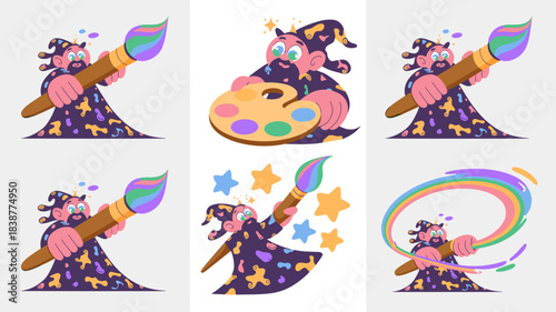 Magic artist sorcerer character bundle demonstrating creative potential and artistic skill with a large rainbow paint brush and wooden palette, perfect for modern digital advertising, design resources