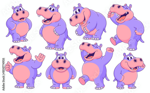 Cute cartoon hippo character vector illustration set displaying various joyful actions and funny happy poses like standing, smiling, waving, and laughing, perfect graphic resource collection for child