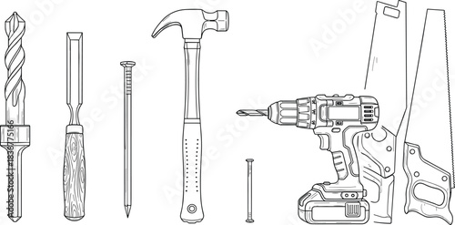 Construction and Carpentry Tool Vector Set Featuring Drill, Hammer, Saw, Screw, Nail, and Chisel for DIY Projects