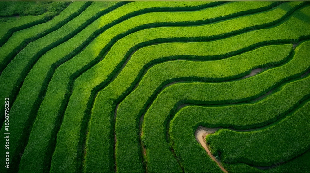 Fototapeta premium Lush Green Terraced Fields: Aerial View of Winding Rice Paddies or Tea Plantations