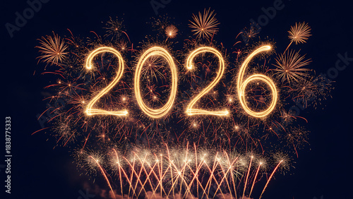 happy new year, new year's eve, new year, celebration greeting card, new year card - Year 2026 in sparkler font and firework fireworks pyrotechnic, isolated on black night sky background,  New Year's 