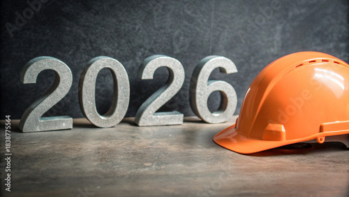 Orange hard hat rests beside sparkling silver 2026 numbers signaling construction future goals