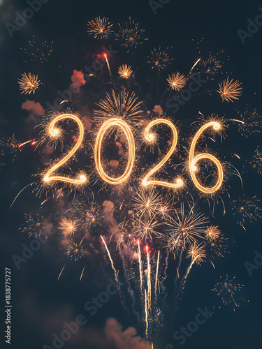 happy new year, new year's eve, new year, celebration greeting card, new year card - Year 2026 in sparkler font and firework fireworks pyrotechnic, isolated on black night sky background,  New Year's 