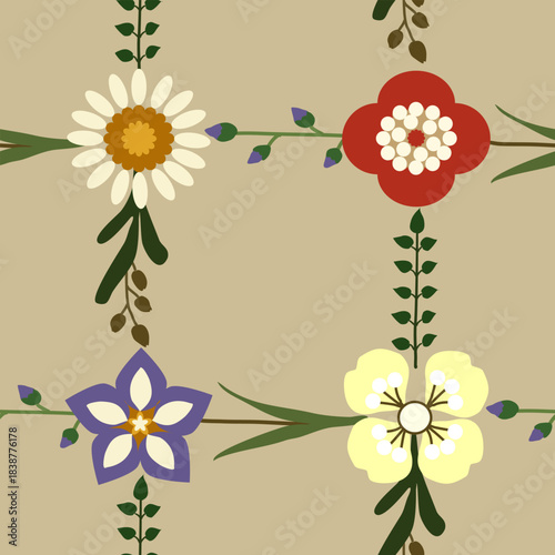 Colorful daisy petal flower blossom, vector hand drawing seamless pattern, abstract red, yellow, white flora on brown background for fashion fabric textiles printing, wallpaper and wrapping