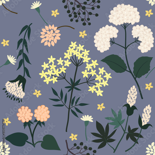 Colorful daisy petal flower blossom, vector hand drawing seamless pattern, abstract yellow, white flora on grey background for fashion fabric textiles printing, wallpaper and wrapping