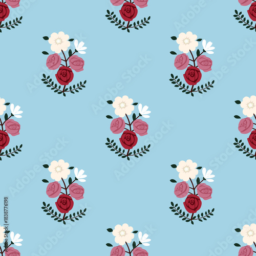 Roses and daisy petal flower blossom, vector hand drawing seamless pattern, abstract pink white flora on blue background for fashion fabric textiles printing, wallpaper and wrapping