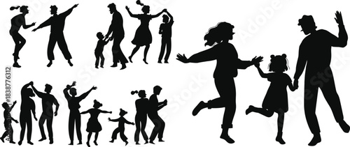 Happy couples and families with kids dancing