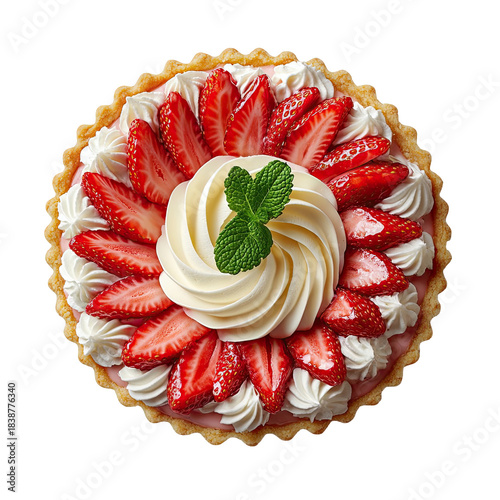 Delicious strawberry tart with cream and mint isolated on transparent background