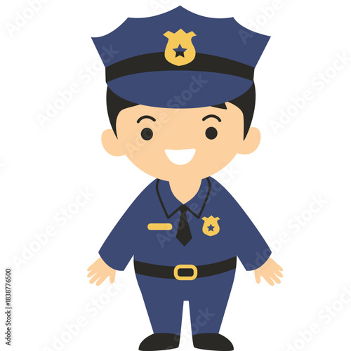 Cute boy dressed as a police officer in uniform, illustrated in a bold cartoon style, ideal for safety themes, professions learning, and children’s educational designs.