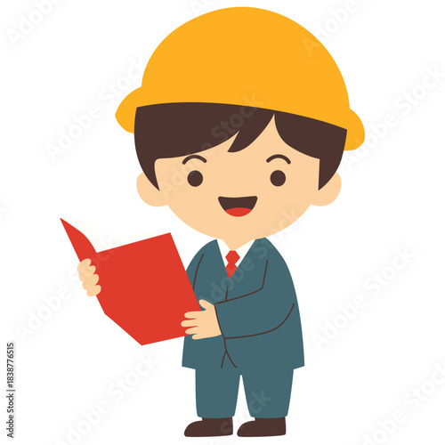 Cute boy wearing a construction helmet holding plans, illustrated in a clean cartoon style, great for engineering themes, safety education, and children’s professions materials.