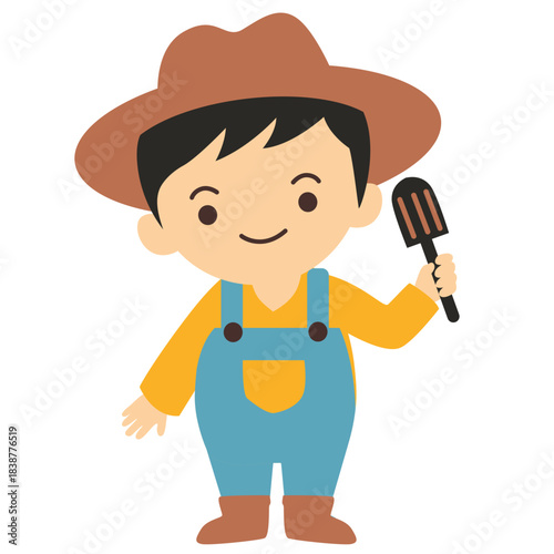 Cute young boy dressed as a farmer holding a pitchfork, illustrated in a cheerful cartoon style, perfect for education, professions themes, and children’s designs.