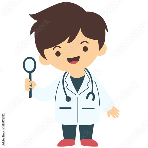 Cute boy dressed as a doctor holding a magnifier, illustrated in a friendly cartoon style, perfect for medical themes, professions education, and children’s learning designs.