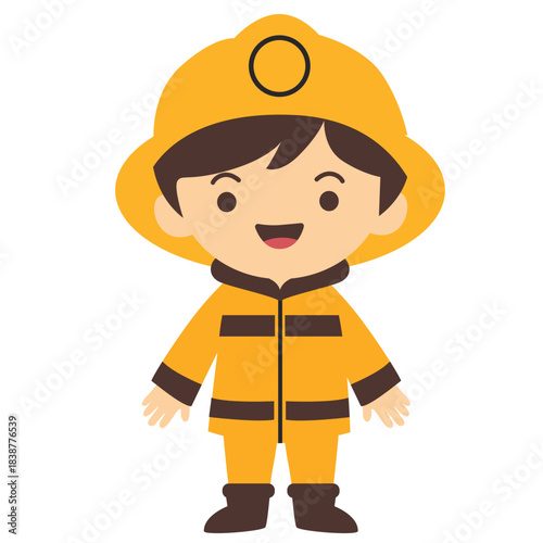 Cute boy dressed as a firefighter in uniform, illustrated in a bright cartoon style, ideal for safety themes, professions education, and children’s learning materials.