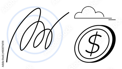 Digital security, financial transactions, cloud storage, authentication, digital signature, currency. Handwritten signature, cloud dollar symbol. Digital security and financial transactions