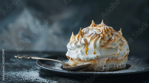 Gourmet Baked Alaska Dessert with Toasted Meringue on Dark Plate