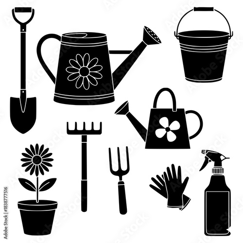 Gardening tools vector silhouette collection featuring various garden equipment including a shovel and watering cans