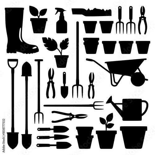 Gardening tools vector silhouette collection featuring various horticulture equipment and potted plants isolated on white