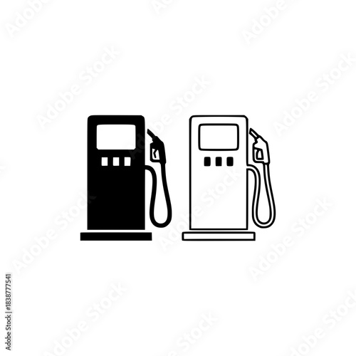 Gas pump vector silhouette icon set featuring solid and outline fuel dispenser symbols for automotive industry