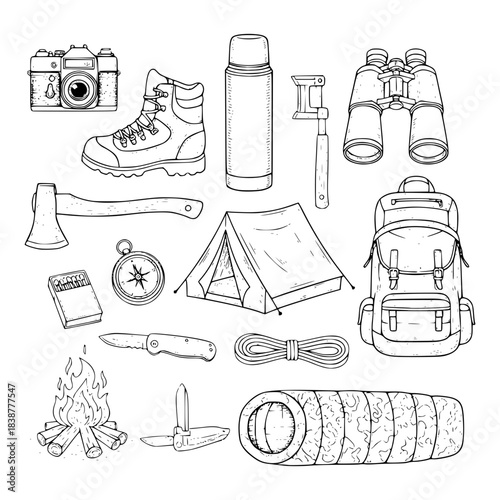 Hand drawn camping and hiking equipment vector silhouette illustration set for outdoor adventure and wilderness exploration.