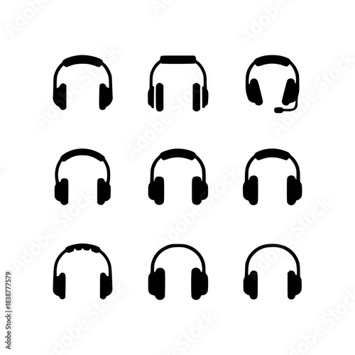 Nine headphone vector silhouette icons showing various audio devices for music listening and communication