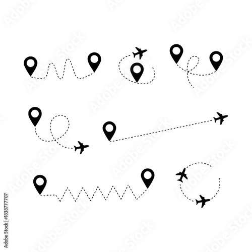 Vector airplane silhouette paths connecting location pins showing travel routes and journey tracking on white.