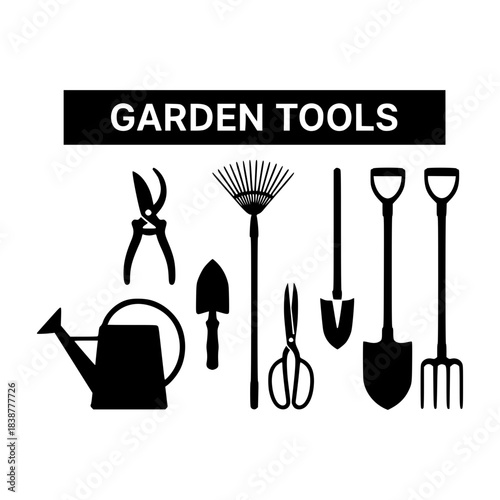 Vector silhouette collection of essential garden tools for horticulture and backyard landscaping activities