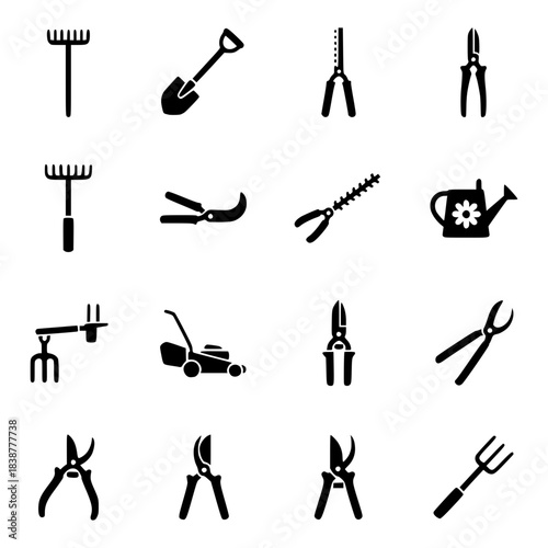Vector silhouette collection of essential gardening tools and equipment for horticulture and outdoor maintenance projects
