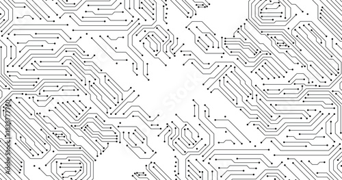 Futuristic circuit board pattern on white background. Hi-tech CPU panel. Sci-fi technology banner design. Vector illustration