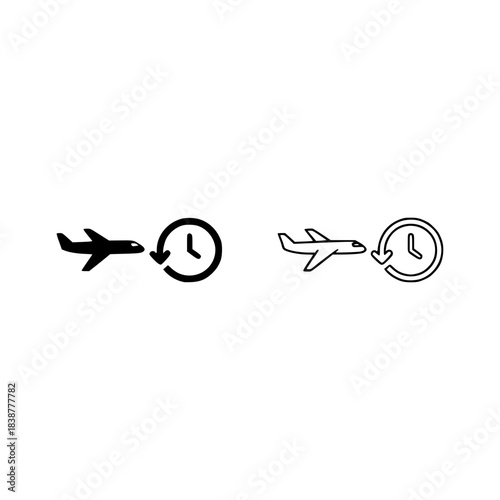 Vector silhouette icon showing an airplane with a clock, symbolizing flight duration, travel time, and schedule.