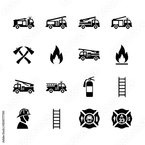 Vector silhouette icons of firefighting equipment emergency services fire trucks axes flames and firefighter helmet
