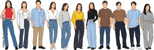Diverse Group of Young People in Casual Modern Streetwear Fashion Vector Illustration Women Standing in Trendy Everyday Clothing Styles
