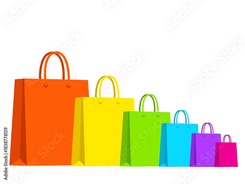 Six colorful shopping bags stand in a descending row, transitioning through a vibrant rainbow spectrum from a large orange tote to a tiny pink gift bag against a clean white background