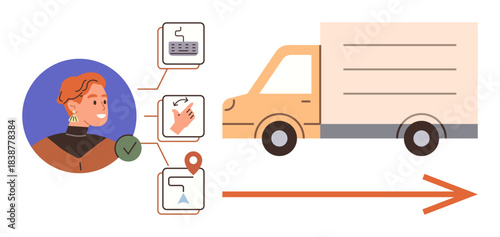 Smiling user overviewing delivery with steps including order input, tracking, location selection, and truck dispatch. Ideal for logistics, shipping, e-commerce, automation, customer support route
