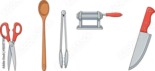 Illustration of assorted kitchen tools including scissors, wooden spoon, tongs, pasta machine and chef knife for cooking and food preparation