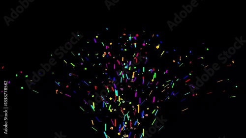 confetti on black background, colorful multicolored rainbow colours Confetti falling event explosion blast for party celebration invitation, winner champion paper bits celebrate sign symbol animation