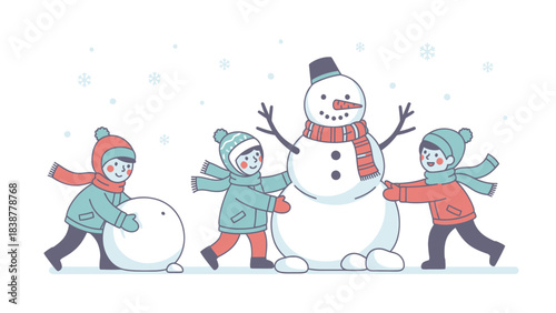 Children happily building a snowman in the snow.