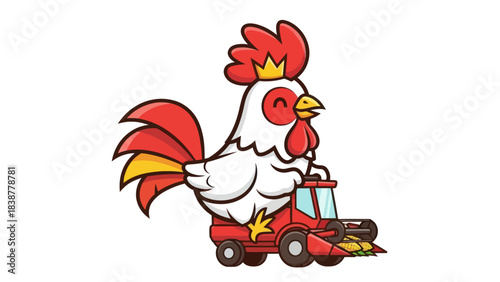 A cute cartoon rooster drives a combine harvester with corn.