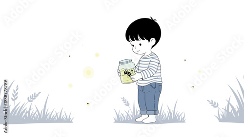 A curious boy holds a jar with a captured firefly, surrounded by glowing lights.